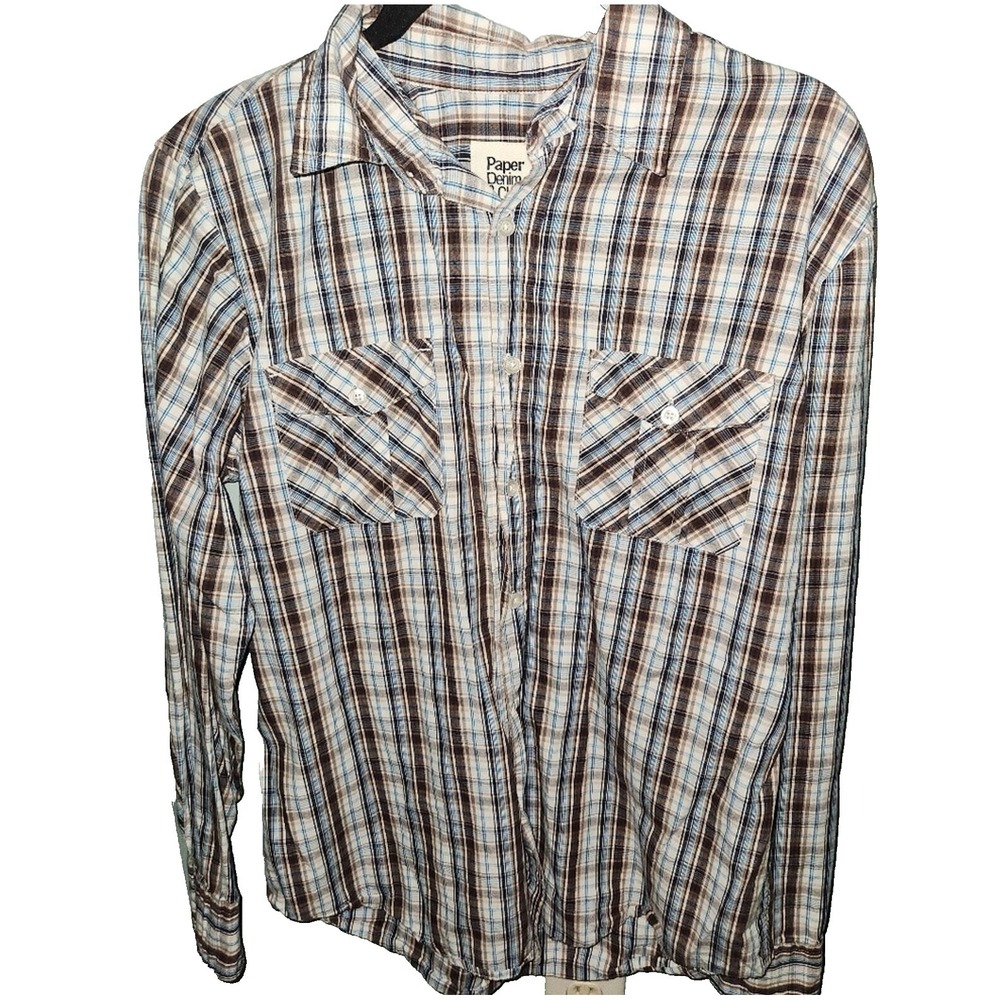 Paper Denim Cloth Mens Plaid Long Sleeve Button Up Shirt Western Casual